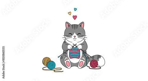 A cute gray and white tabby cat smiles happily while knitting a striped project, with colorful yarn balls and floating hearts.