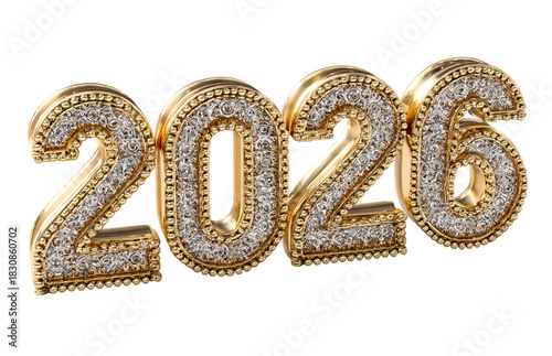 3 D Golden Number 2026 with Diamond Accents isolated on a transparent background