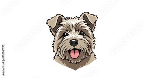 Detailed vector illustration of a friendly terrier dog's face, featuring fluffy light brown fur, perked ears, and a happy open-mouthed smile.