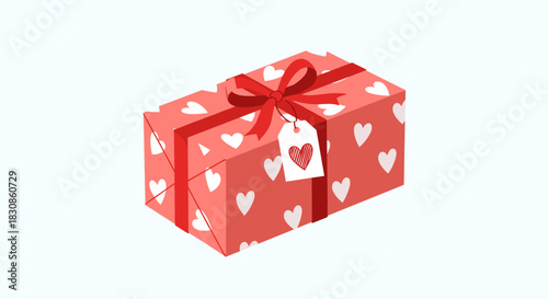 An eye-catching illustration of a red gift box, adorned with white hearts, a red ribbon, and a bow, featuring a gift tag with a striped heart.