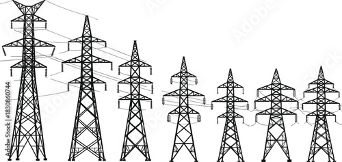 Sequence of High-Voltage Electric Transmission Towers in Vector Silhouette, Power Line Pylons, Industrial Energy Grid Infrastructure, Cad Drawing Flat Illustration