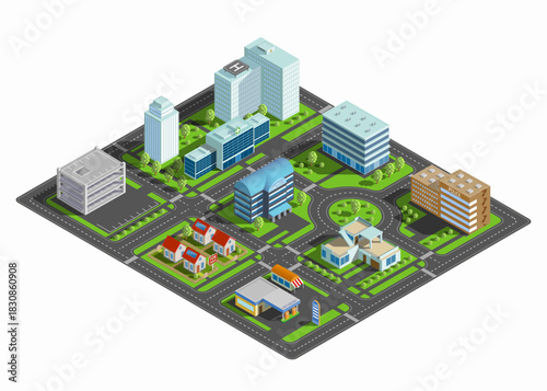 City with houses, buildings, and streets with roads. Isometric projection of modules. Vector illustration.