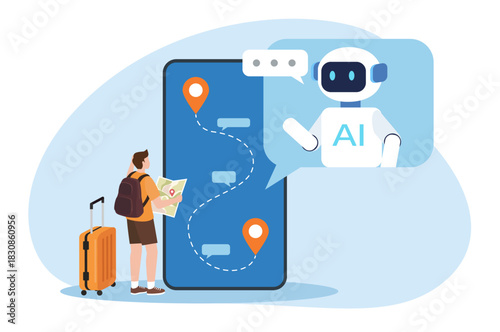 A traveler interacts with an AI robot via a smartphone, which displays a route between location pins, representing AI-powered travel navigation and assistance.