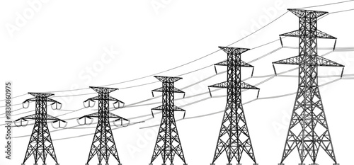 Row of High-Voltage Electric Power Transmission Towers and Lines Vector, Industrial Pylon Grid Infrastructure, Energy Supply, Cad Drawing Flat Illustration