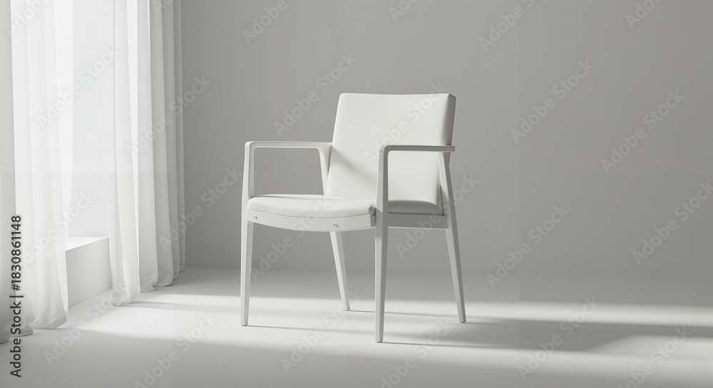 Fototapeta premium Minimalist white chair in soft light with sheer curtains 