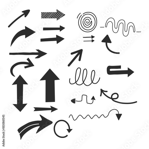Hand Drawn Black Arrow Doodle Set. Collection of Sketch Line Indicators, Directional Symbols, Swirls, and Marker Scribbles for Design