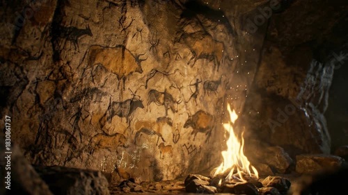 Prehistoric cave paintings illuminated by a campfire