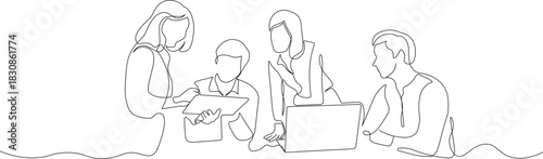 Business Team Brainstorming with Laptop. Continuous Line Illustration of Collaboration, Strategy Meetings, and Professional Discussions