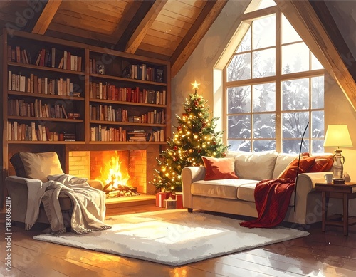 modern living room-Christmas interior illustration