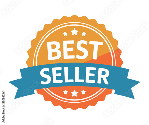 Orange best seller badge with stars and blue ribbon on a white background