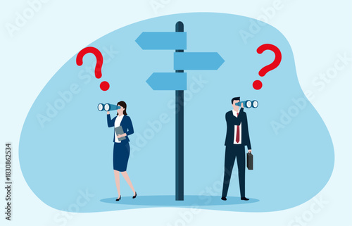 Two businesspeople use binoculars to assess multiple unlabeled directions on a signpost, symbolizing strategic observation amid decision-making uncertainty.