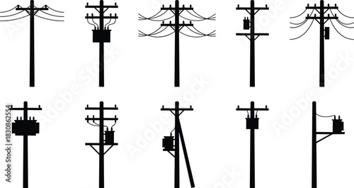 Varied Collection of Utility Pole Silhouettes with Transformers and Power Lines, Electrical Distribution Infrastructure Set, Energy Grid, Cad Drawing Flat Vector
