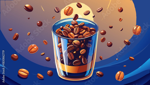 Instant coffee particles floating upward and morphing into glossy roasted beans inside a modern glass container. Ultra-clean lighting suitable for editorial visuals, packaging design