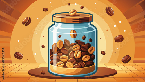 Coffee powder gradually transforming into whole roasted beans inside a transparent glass jar, captured in a bright minimal studio style. Perfect for concepts of habit shift, purity, and premium coffee