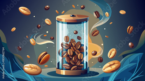 Instant coffee particles floating upward and morphing into glossy roasted beans inside a modern glass container. Ultra-clean lighting suitable for editorial visuals, packaging design