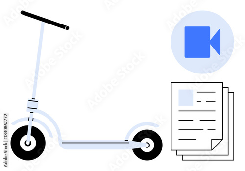 Electric scooter, blue video icon, and stack of papers. Ideal for mobility, technology, communication, content creation, urban transport eco-friendly solutions modern lifestyle. Simple flat