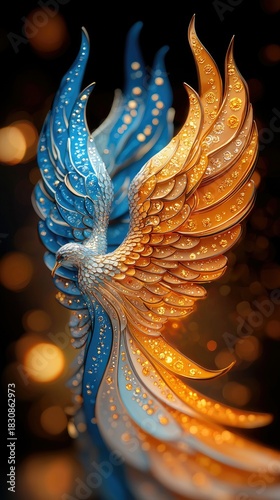 An artistic rendering of a phoenix bird with blue and gold wings, set against a blurred bokeh background.