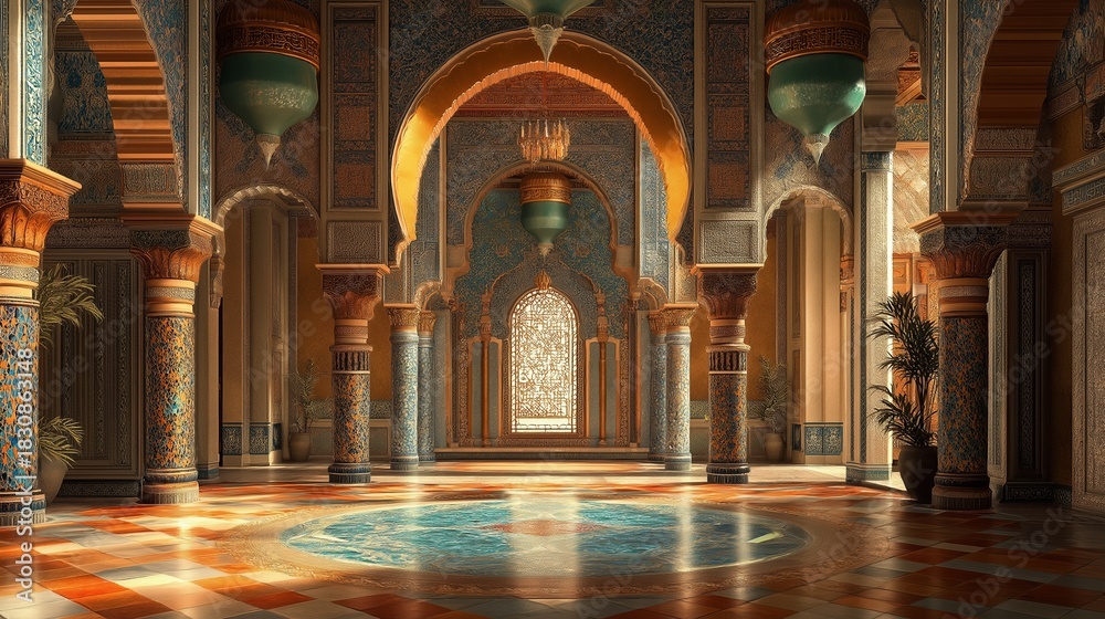 Fototapeta premium Interior of a luxurious moroccan palace with ornate archways.