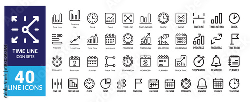 Time line icon sets linear style pictogram progress time flow milestone reminder planner track time stopwatch event