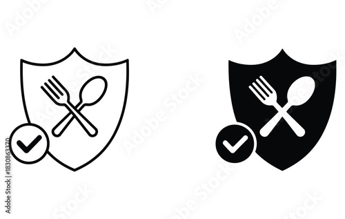 Secure dining experience with protected food, ensuring quality and safety, featuring utensils and a checkmark for verification, suitable for restaurants and food safety campaigns