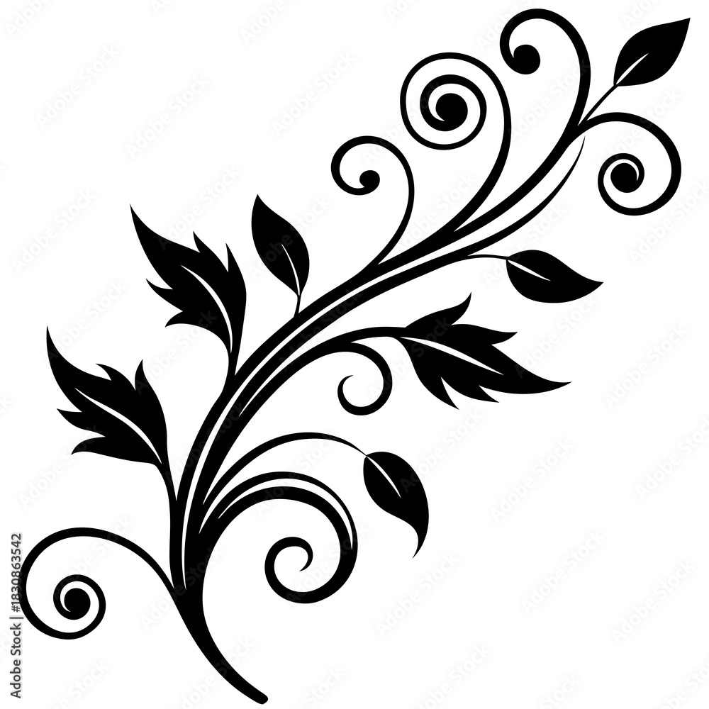 Obraz premium Elegant floral swirl ornament in black silhouette illustration