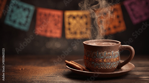 A steaming cup of rich, dark chocolate, exuding warmth and inviting comfort, accompanied by a single cookie