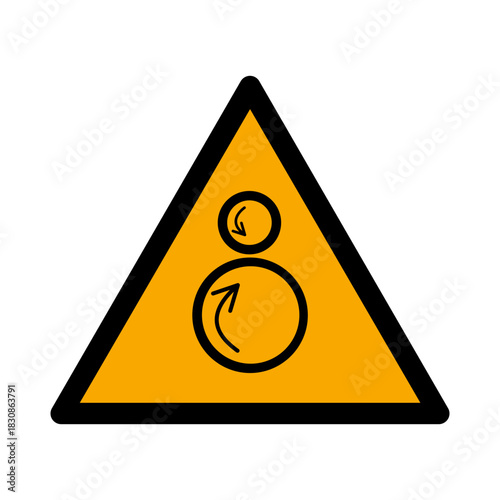 ISO 7010 W025 Counterrotating rollers. Rotating Machinery Hazard Symbol. Industrial Gear Rotation Alert Sign. Rotating Equipment Safety Triangle. 