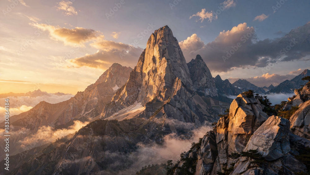 Obraz premium Majestuoso paisaje de fantasía con imponentes montañas, cálida luz del atardecer, nubes detalladas