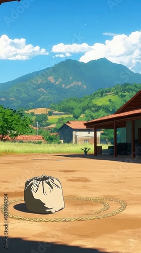A bag of grain sits on the ground with a rope circle around it. The scene is set in a rural landscape with mountains and a bright blue sky.