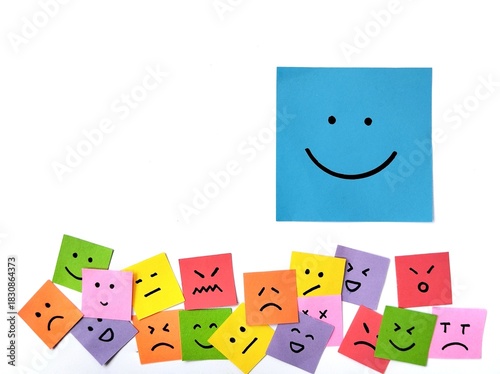 Happy, neutral, and sad emoji on colorful sticky note with white background. mental health concept, mood swings, depression, and bipolar disorder. Flat lay with copy space 