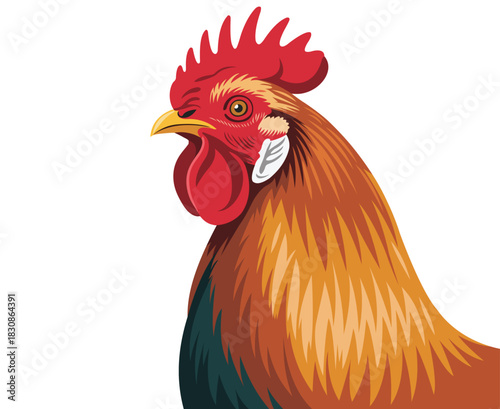 A vibrant illustration of a red rooster s head and neck in profile
