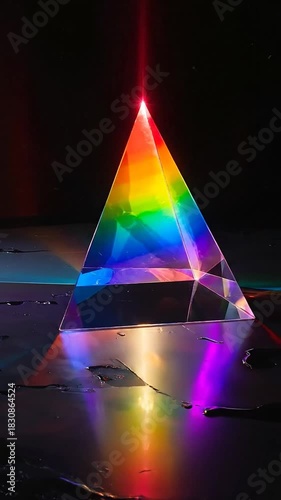 A prism refracts light into a spectrum, casting rainbows in a dark, reflective environment