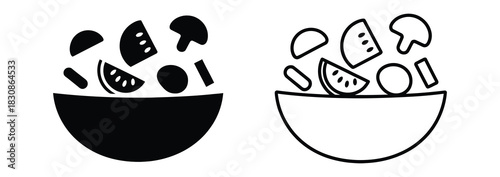 Fresh healthy salad ingredients like mushrooms and watermelon tumbling into a minimalist bowl, perfect for illustrating nutritious eating and simple cooking concepts.