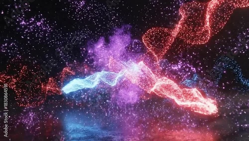 A bright explosion of light and energy with red and blue particles colliding in the center