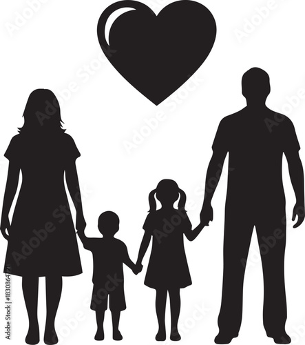 Silhouette of a loving family with parents and two children holding hands under a heart