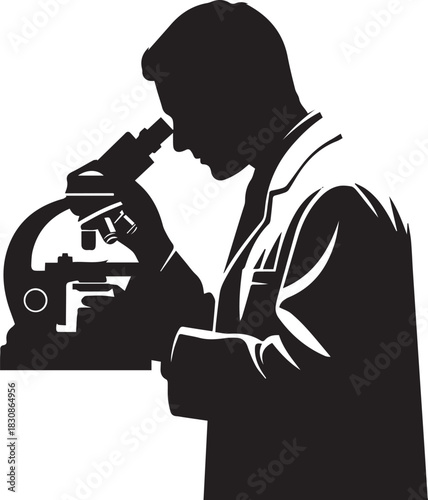 Silhouette of a scientist in a lab coat looking through a microscope