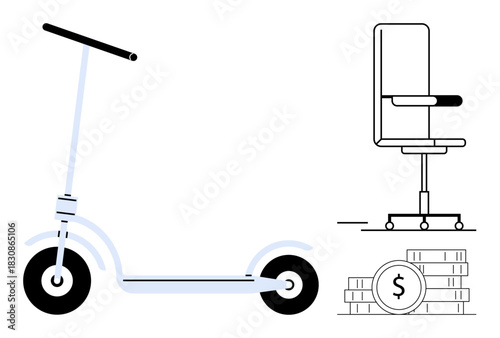 Electric scooter highlights eco-transport office chair atop stacked coins signifies workplace investment. Ideal for business, mobility, eco-lifestyle, saving, work-life balance, productivity
