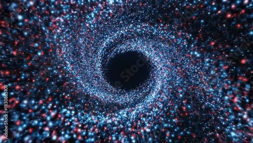 Abstract space vortex with glowing particles and a black hole in the center of the image