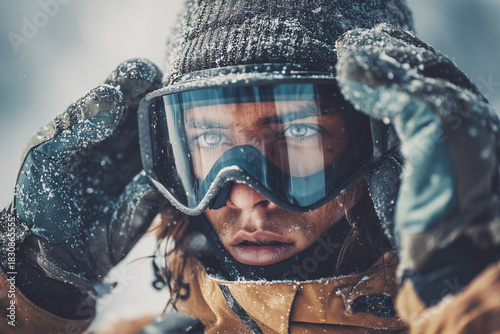 Intense close-up portrait of a snowboarder adjusting frosted goggles in a blizzard, steely blue eyes and rugged winter gear ready for adventure