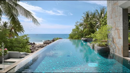 Luxuriate indulgence. Luxury lifestyle. Elegance. Comfort. Serenity lifestyle. Wellbeing. Luxurious infinity pool with ocean view and elegant outdoor seating.