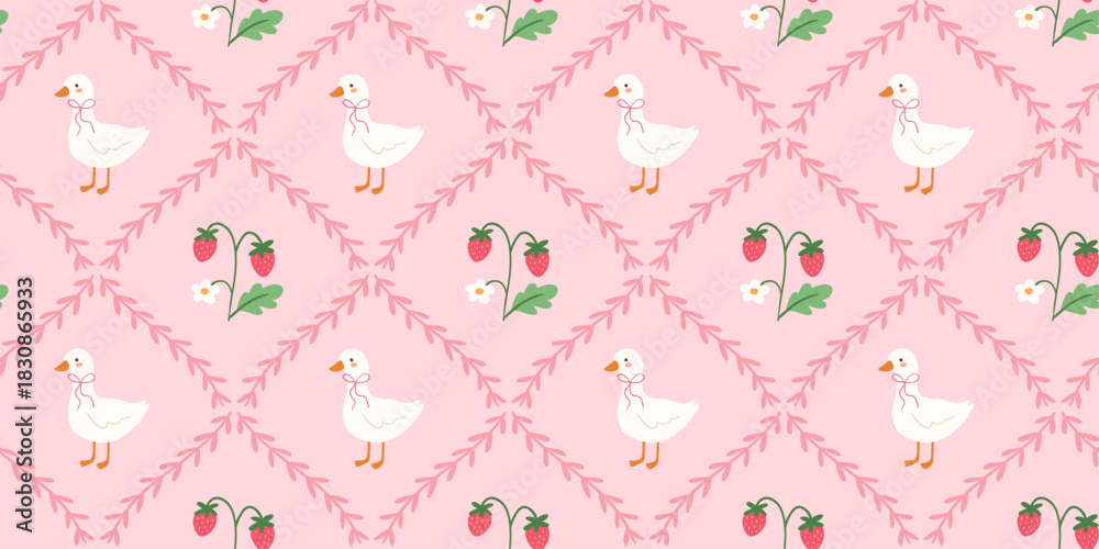 Fototapeta premium Cozy vintage cottage seamless pattern with duck and strawberries