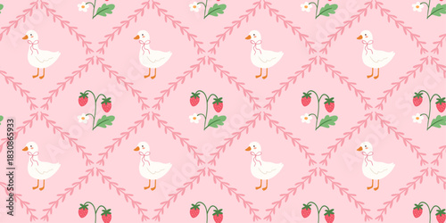 Cozy vintage cottage seamless pattern with duck and strawberries