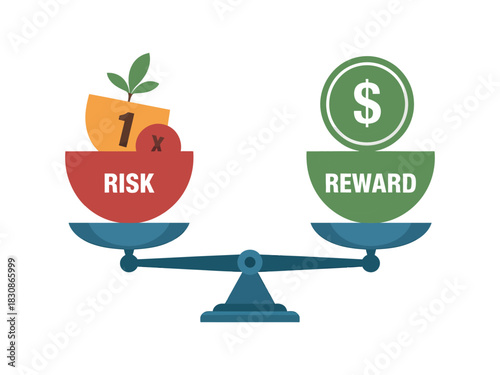 Illustration of a scale balancing risk with a small plant and reward with money