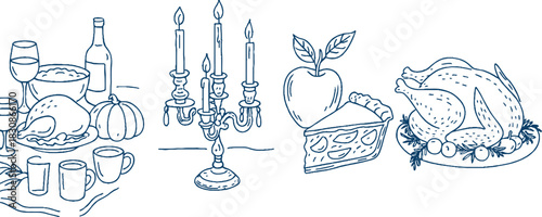 Thanksgiving Dinner and Holiday Food Line Art Illustration