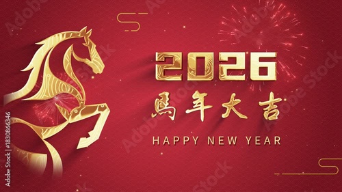 
A golden horse celebration animation for the 2026 Lunar New Year, with Chinese characters meaning: Good Luck in the Year of the Horse.