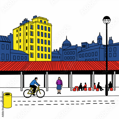 Vibrant urban illustration capturing a lively cityscape, diverse architecture, and everyday people engaged in their daily city routines