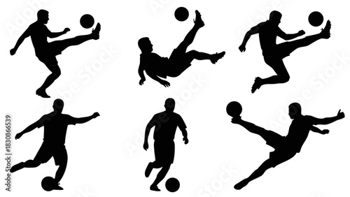 Dynamic soccer player silhouettes in action, showcasing various kicking techniques and movements during a football game
