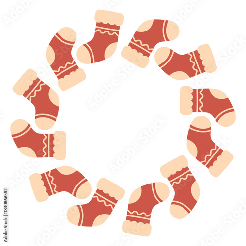 Cute Christmas wreath formed from hand drawn festive stockings in a cozy flat illustration style. Ideal for holiday cards, posters and winter decor.