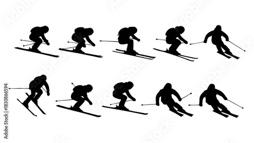 Dynamic Skiing Silhouettes A Collection of Athletes in Action on Snow Slopes, Vector Illustration