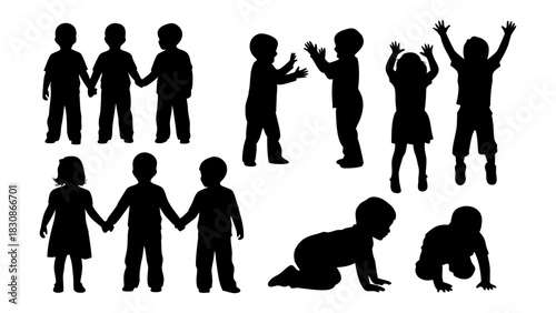 Vector silhouettes of diverse children in various dynamic poses representing growth and early development, versatile collection for various projects